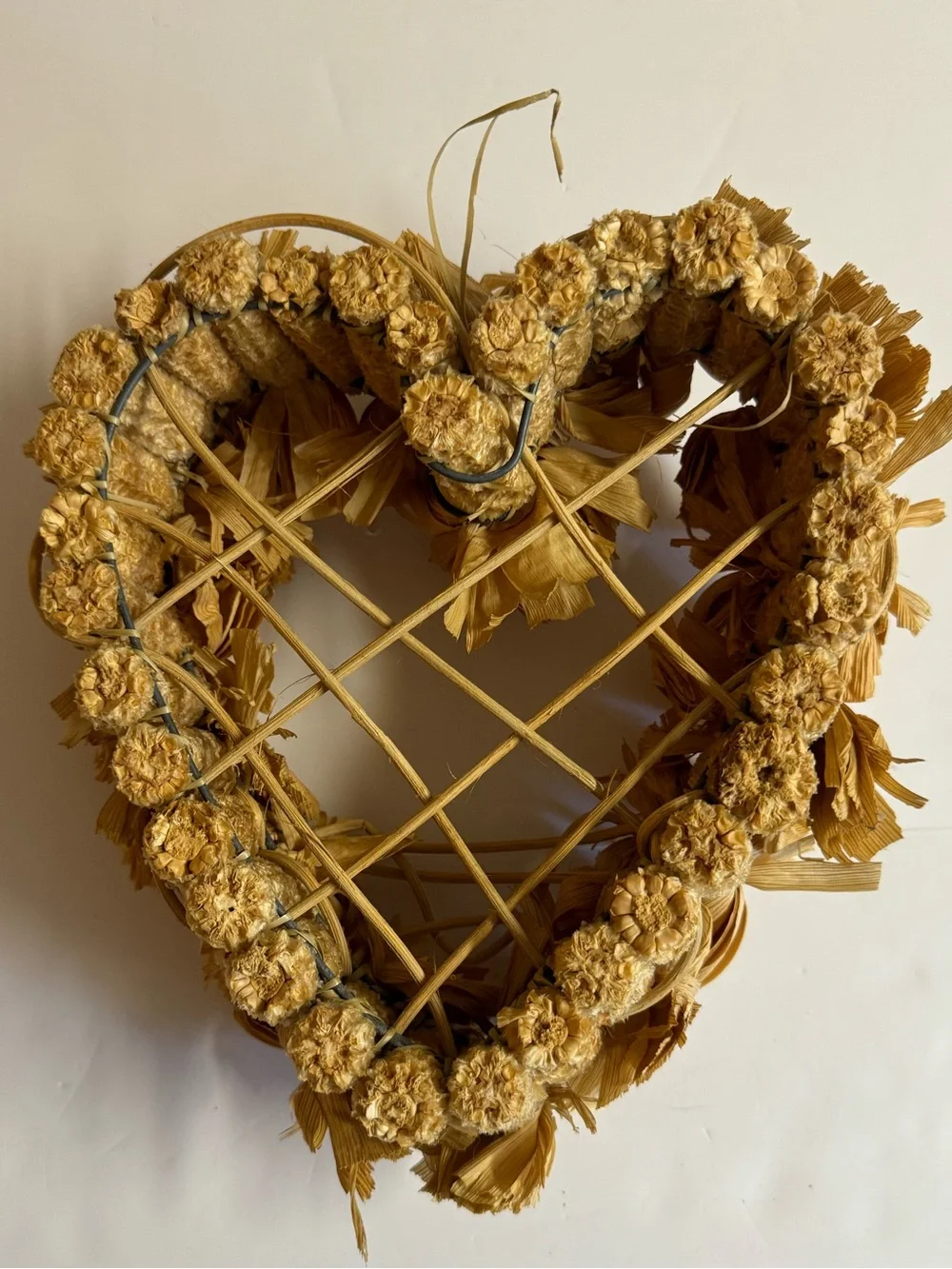 Vintage Handmade Corn Husk Heart Wreath - Natural Yellow/Cream Color.Fall Decor